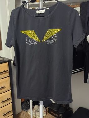 Authentic Fendi Monster Eyes T-Shirt with Yellow & Silver Crystal Bedazzled
